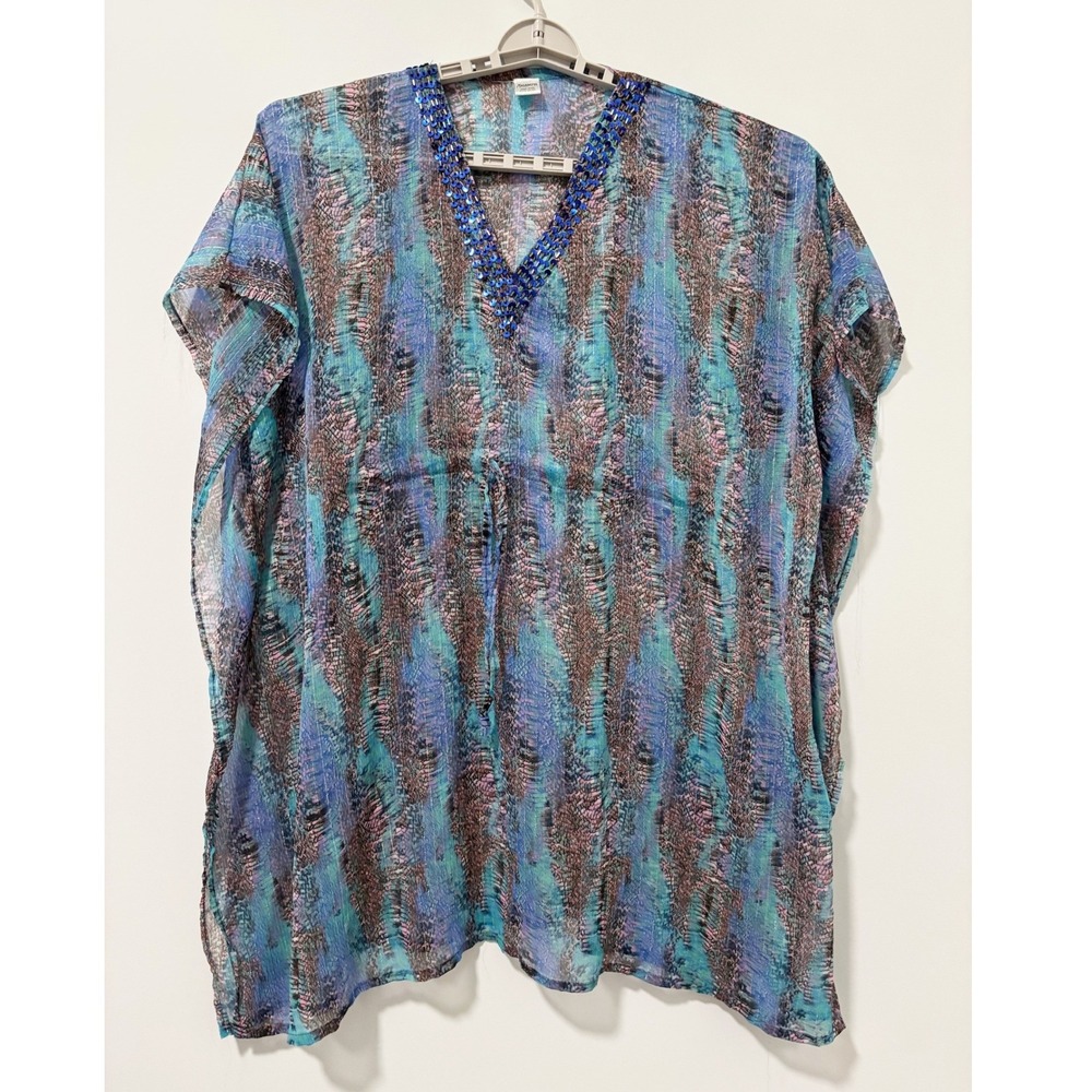Highness Kaftan Cover Up Women One Size Blue Sequin V-Neck Metallic Snakeskin